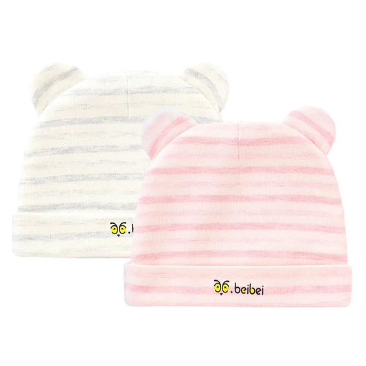 0-6M Cartoon Stripes Bear Ears Hat Baby Pure Cotton Hat Spring Autumn Soft Cap Infant Newborn Comfortable Breathable Cute Beret Hat Sun Hat