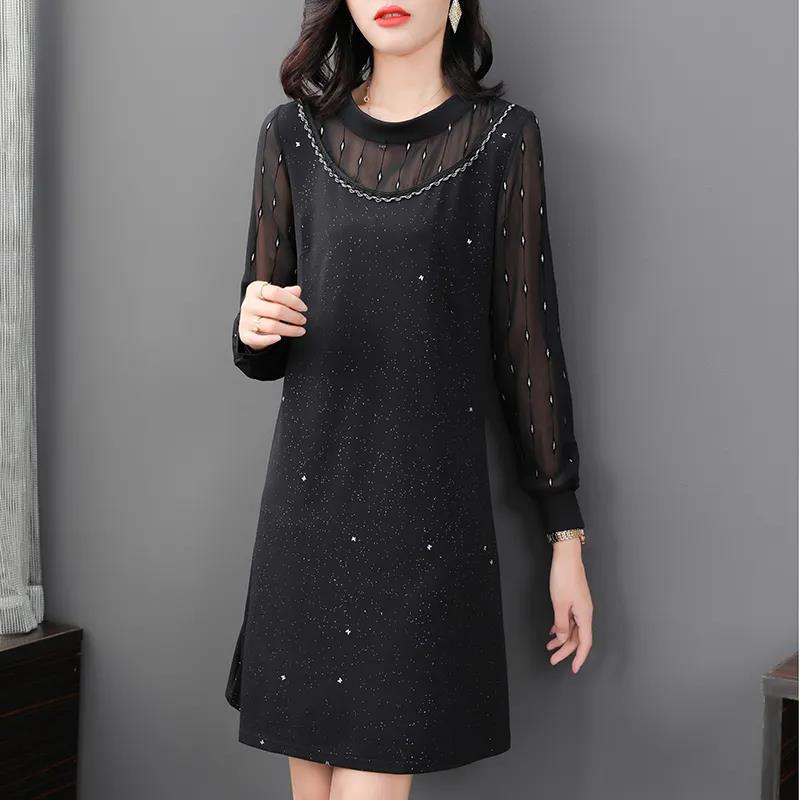 Women Black Blue Dress Solid Color Sequins Tulle Long Sleeve O-neck Spring and Autumn Large Size Loose Knee-length Size L-XXXXXL