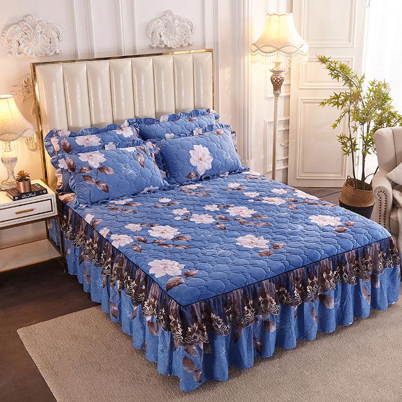 Thickened Plus Velvet Quilted Bed Skirt with Lace Edge Bedspread Non-fleece Winter Warm Crystal Velvet Four-piece Suit