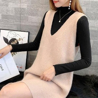 Autumn and Winter Long Knitted Sweater Loose V-neck Versatile Dress Casual Solid Color Women's Vest Dress