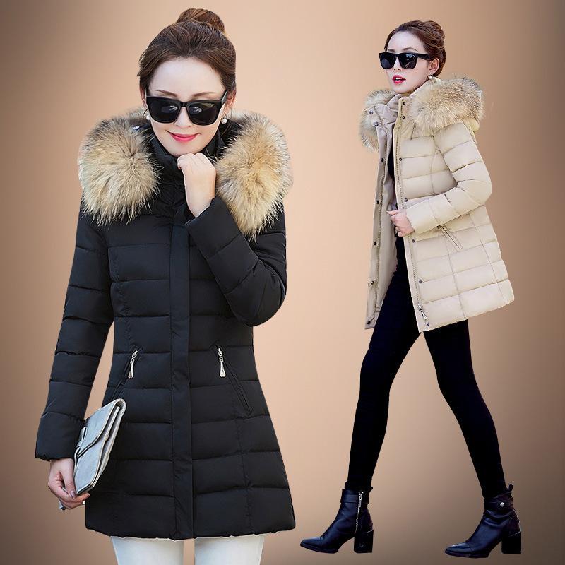 Slim Women Winter Jacket Cotton Padded Warm Thicken Ladies Coat Medium Long Down Coats Fur Collar Hooded Parka Mid-length Womens Jackets