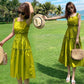 Pofulove Women Retro Thin Green Elastic Waist Strap Dress Below The Knee Sling Dresses Beach Dress