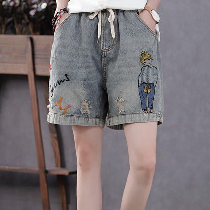 WTEMPO High-waist Denim Shorts Women Loose Wild Thinner Embroidery Elastic Waist Broken Hole Embroidery Retro Straight Leg Pants