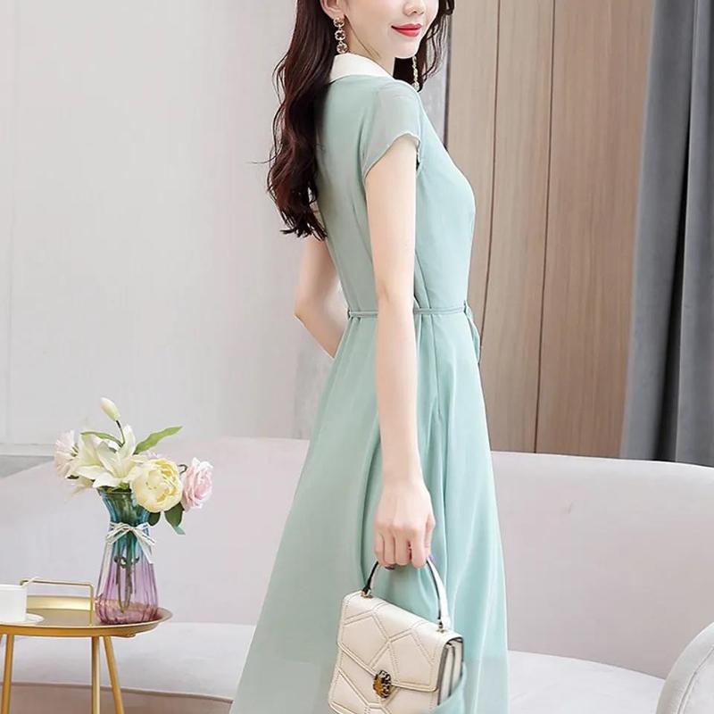 Dress Women's Summer Waist Was Thin and Temperament French Water Green Chiffon Dress