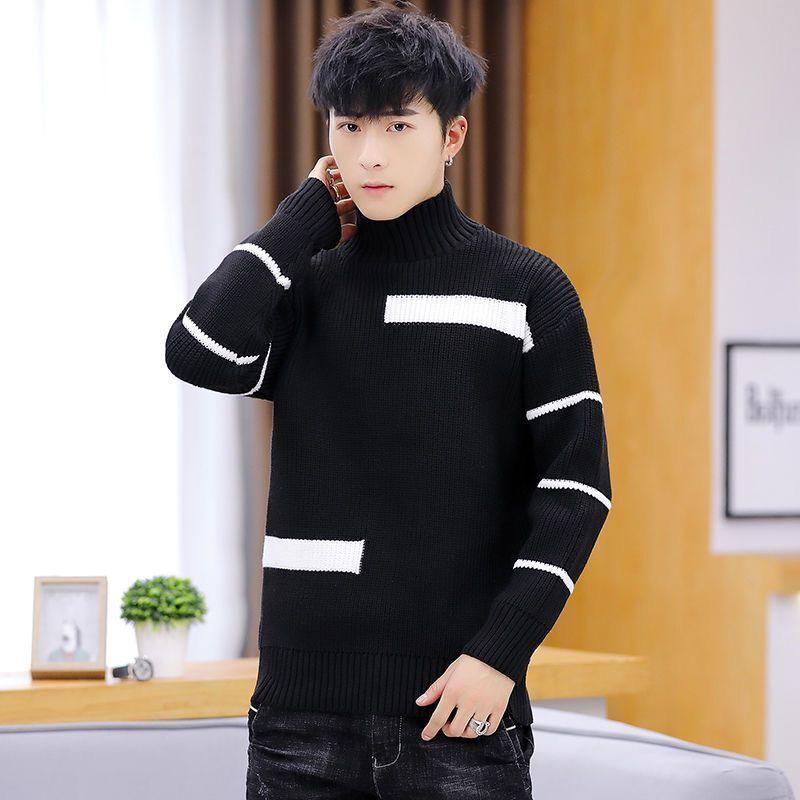 Spring and Autumn Striped Casual Round Neck Sweater Personalized Half High Neck Splicing Color Sweater