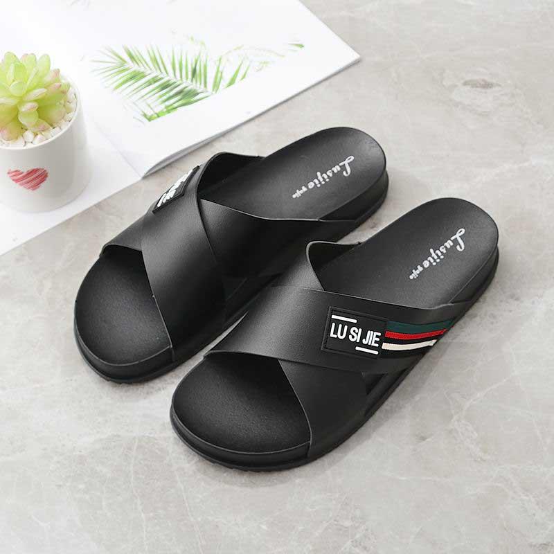 Size40-45 Summer Men Sandals Comfortable Non-slip PU Leather Beach Slippers Casual Outdoor Slippers Cross Alphabet Drag Flip Flops