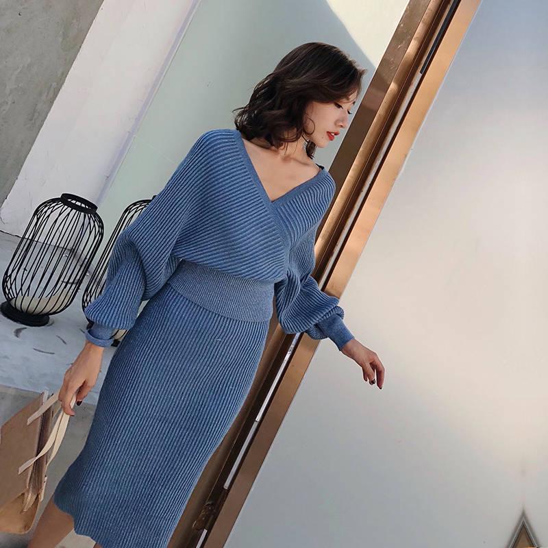 V-neck Women Knitted Skirt Suits Batwing Sleeve 2 Pieces Elegant Party Female Sweater Elegant Dress