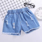 Summer Children's Tassel Pierced Girl and Boy Hole Denim Bow Shorts Korean Style Button Denim Pants