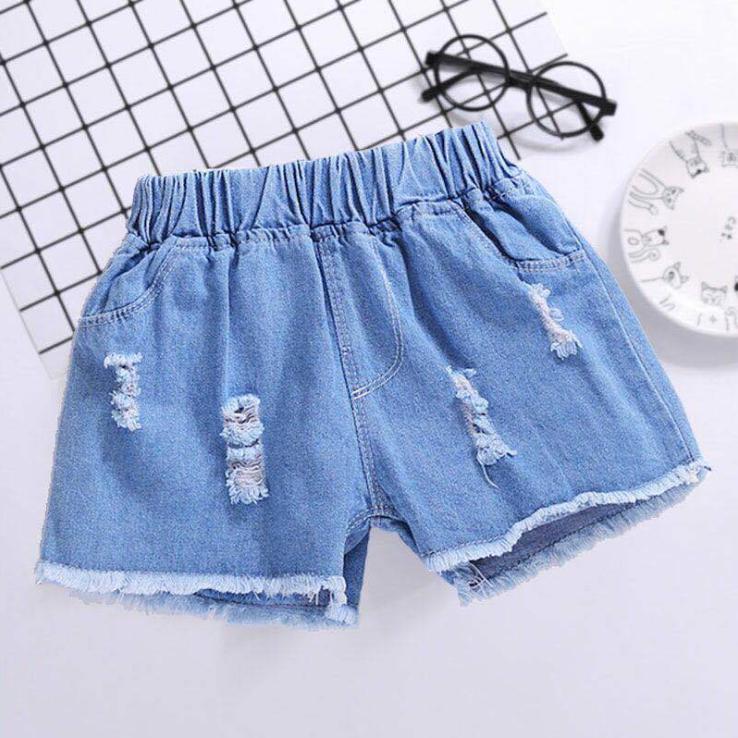 Summer Children's Tassel Pierced Girl and Boy Hole Denim Bow Shorts Korean Style Button Denim Pants