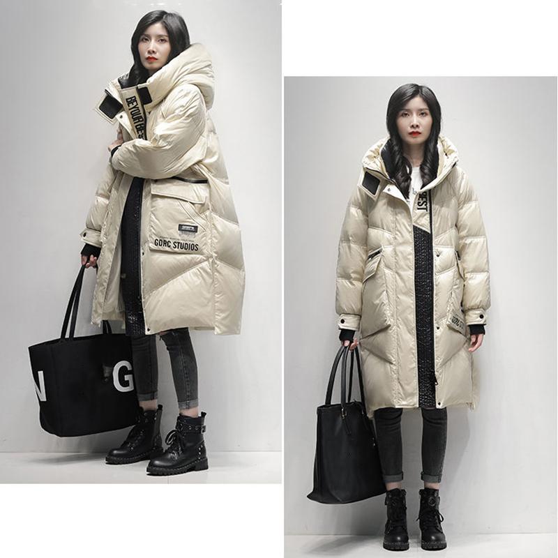 Women's Winter Korean Style Loose Quilted Coat Warm Stand-up Collar Down Jacket Women's Bright Face Long Down Jacket