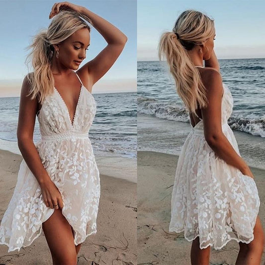 Backless White Beach Dress, White Dress Women, White Sundress, Boho Maxi Beach Dress, V Neck Boho Maxi Dress, Women Summer Sundress