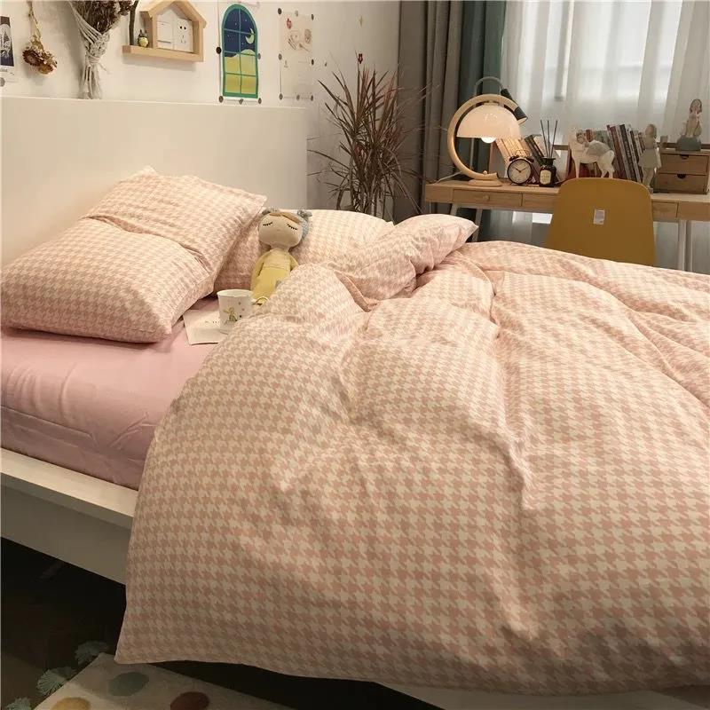 Houndstooth Nordic Simple Ins Bed Four-piece Set of Sanding Quilt Cover Sheet Washed Cotton Student Dormitory Three-piece Set