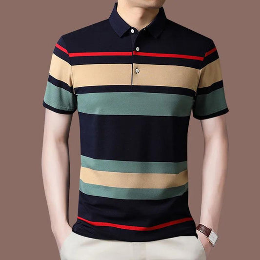 Summer Men's Short-sleeved Lapel T-shirt Striped Sweater Button Polo Shirt Middle-aged Youth Top