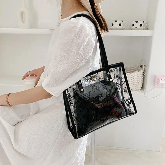 2pcs Women Clear Handbag Waterproof for Bathing Swimming Beach Portable Shoulder Transparent Bag PU Leather Handle