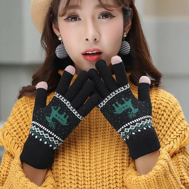 Women's Winter Gloves Touch Screen Mittens Korean Style Cute Deer Wool Knitted Five-finger Outdoor Riding Double Layer Plus Velvet Thickening Gloves