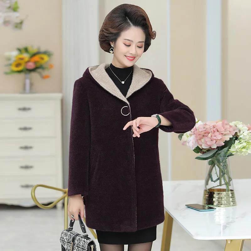 Mother Wear Autumn and Winter Mink Velvet Coat Western Style Mid-length Middle-aged and Elderly Coat with Hood