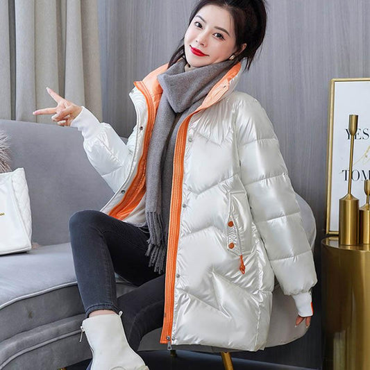 Glossy Down Padded Jacket Women's Winter Mid-length Western Style Padded Jacket Thick and Versatile Small Padded Jacket Women