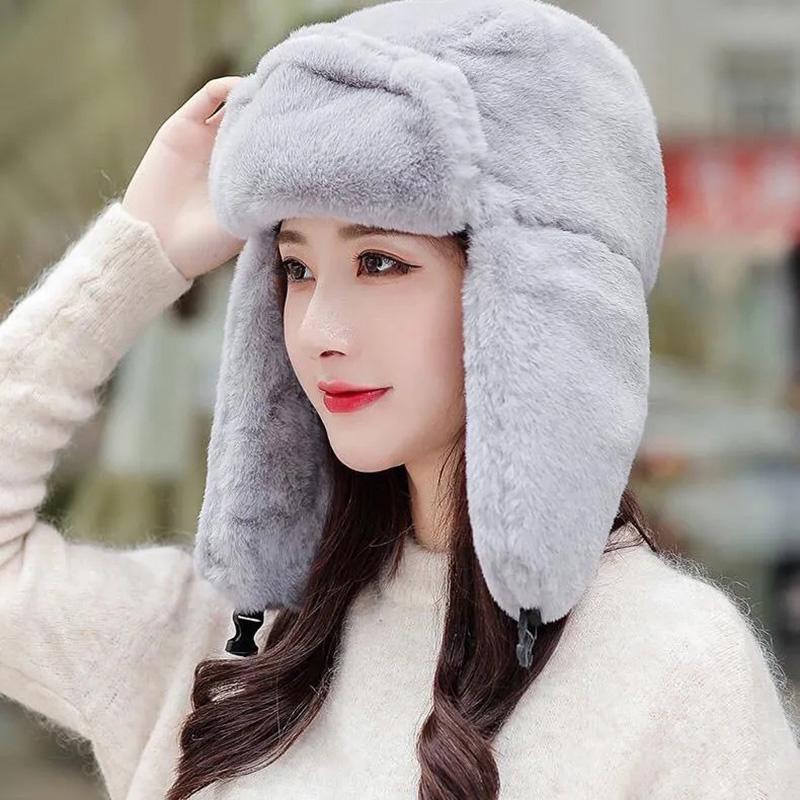 Women's Hat Winter Korean Version Plus Velvet Cold Proof Hat Winter Cycling Ear Protection Thick Windproof Warm Cute Hat Solid Long Ear Cap Fedoras