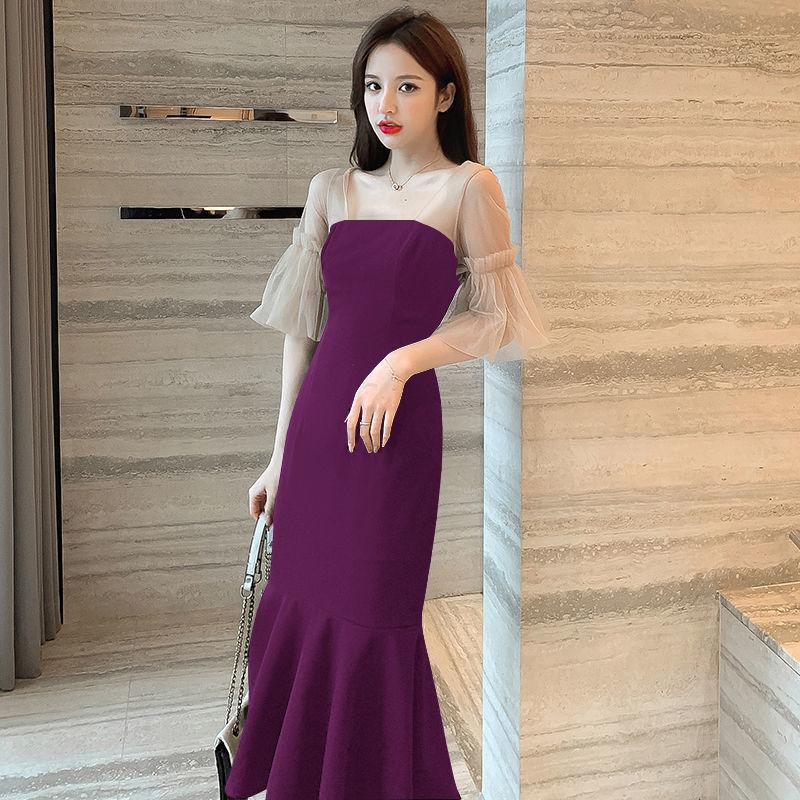 Women's Spring and Summer Square Neck French Elegant Retro Mesh Bubble Sleeve Slim Slim Bag Hip Long Fishtail Dress