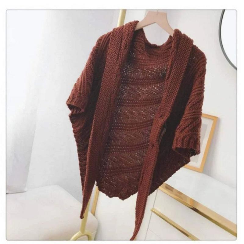 Women's Autumn Winter Knitted Leather Buckle Shawl Scarf Triangle Cloak Keep Warm All-match Solid Color Crochet Dual-use Shawl Scarf