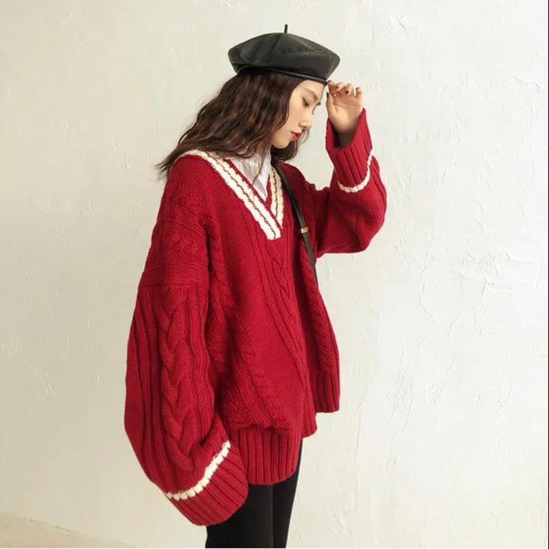 Color-blocking Thickened V-neck Sweater Women's Autumn and Winter College Style Loose Wild Retro Twist Knit Jacket Ladies Warm Top