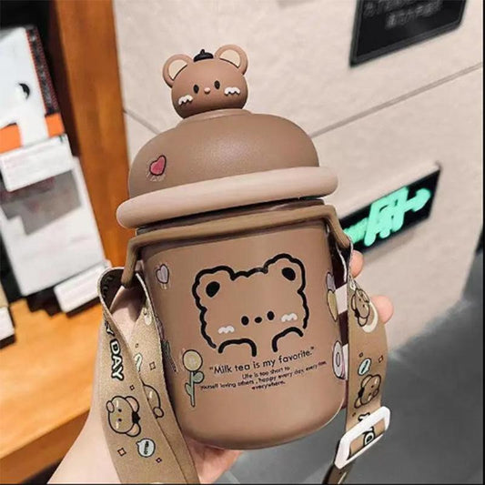 Korean Version of The Super Cute Cartoon Bear 316 Stainless Steel Thermos Cup Cute Girl Ins Strap Student Children's Cup