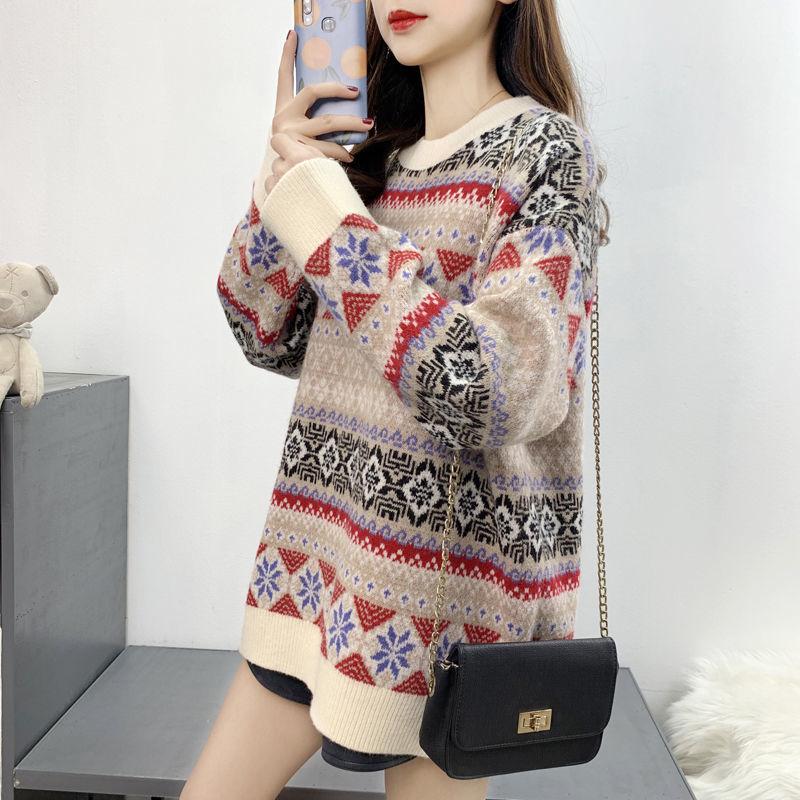 Autumn and Winter Retro Geometric Pattern Sweater Loose Casual Jacquard Top Pure Cute Girl Sweater