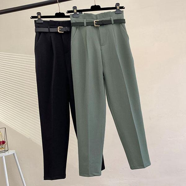 Women Solid Color Sashes Casual Slim Pants Chic Business Loose Trousers Female Large Size Vintage Long Pants