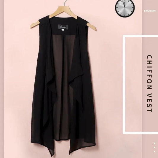 Women's Large Size Chiffon Vest Summer Sleeveless Cardigan Loose Vest Waistcoat Mid-length Thin Coat Sun Protection Sun-Dress