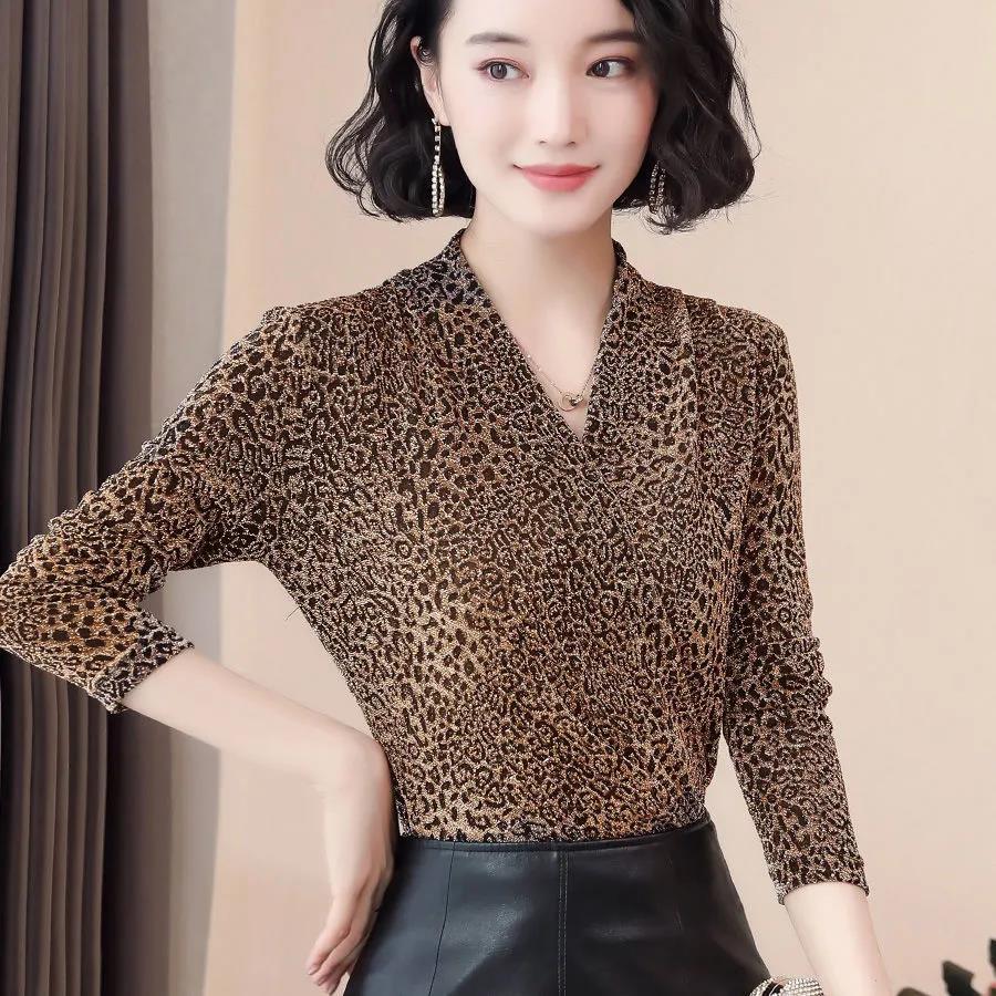 Elegant Leopard print Women Blouse Sexy V neck Office Ladies Blouses Slim Long sleeve Spring Fall Female Party Tops Pullover