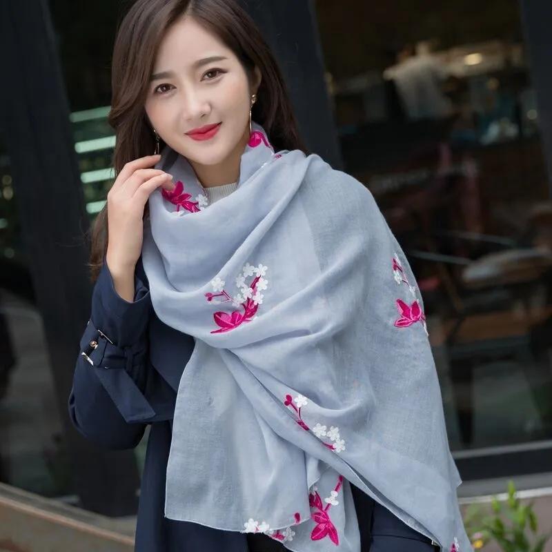 Women's Ethnic Scarf Flower Embroidered Silk Scarf Travel All Match Shawl Long Gauze Scarf Thin Lace Floral Soft Solid Neck Collar Decor