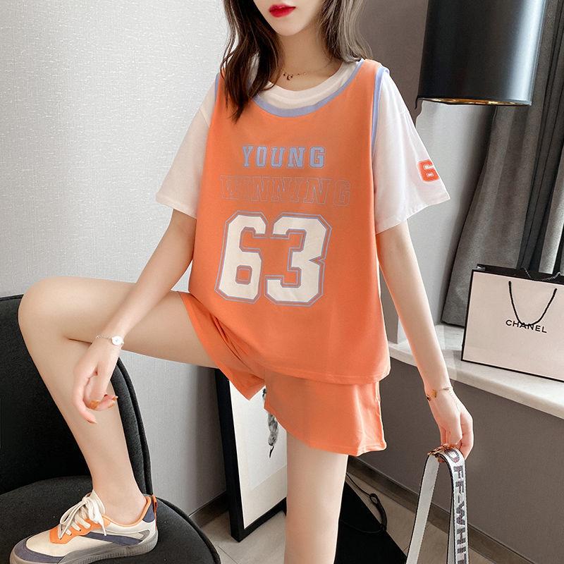 Summer Casual Suit Female Printed Loose Top Sports Shorts Two-piece Basketball Uniform Digital Pattern Loose Casual Suit Home Service