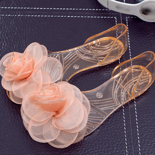 Flower Sandals Jelly Shoes Women Summer Flat Fish Mouth Crystal Transparent Outer Wear Plastic Women's Shoes Beach Shoes