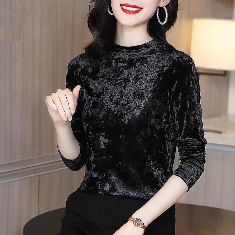 Velvet T-shirt Women's Long-sleeved Spring and Autumn Inner Top Solid Color Slim Bottoming Shirt Women