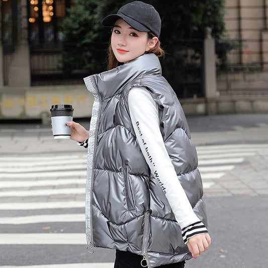 Glossy Stand-up Collar Hoodless Down Cotton Vest Women's Short Autumn and Winter Wear Thick Warm Jacket Loose Wild Vest Cotton Vest Vest