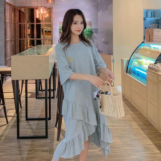 Women Vintage High Waist Loose Solid Color Dress Elegant Irregular Short Sleeve Casual Dress