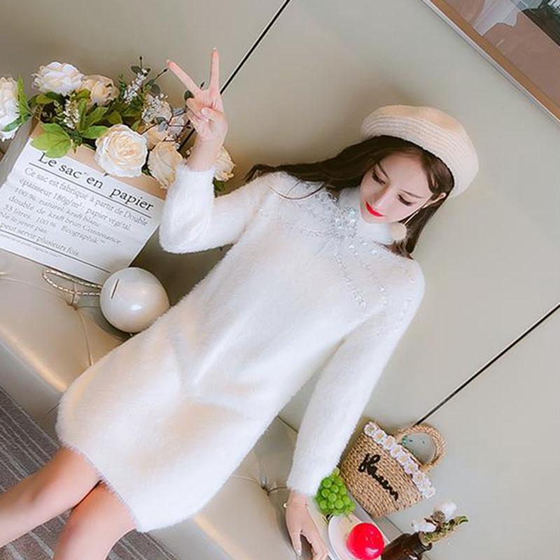 Autumn and Winter Temperament All-match Dress Beaded Mohair Knitted Sweater Dress Loose Mid-length Female Base Dress