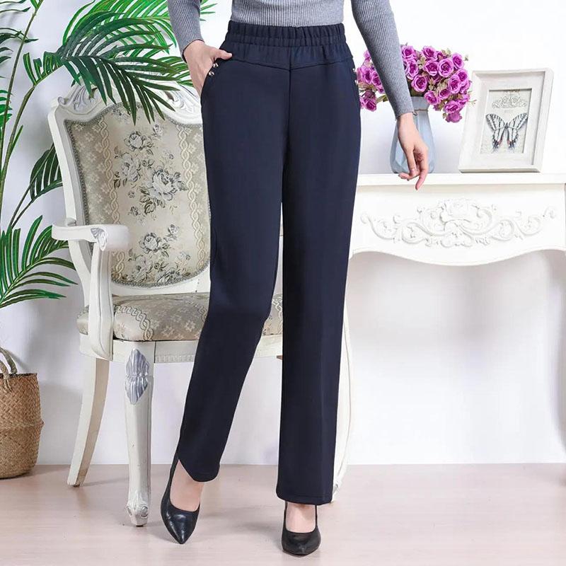 Middle-aged and Elderly Women's Pants Autumn and Winter Models Plus Velvet Thick Casual Pants Straight High Waist Stretch Pants Loose Suit Pants