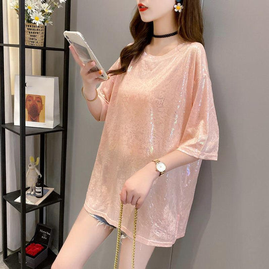 Ice Silk Loose Short-sleeved T-shirt Printing Glittering Half-sleeved Top Women Loose Round Neck Casual Pullover T-shirt Women