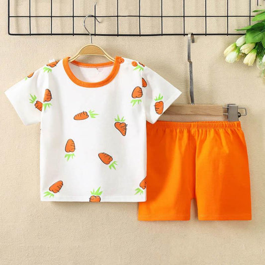 Children's Short-sleeved Suit Pure Cotton Summer Thin Sweat-absorbing Breathable and Comfortable Two-piece Baby Loose Neckline Casual Suit