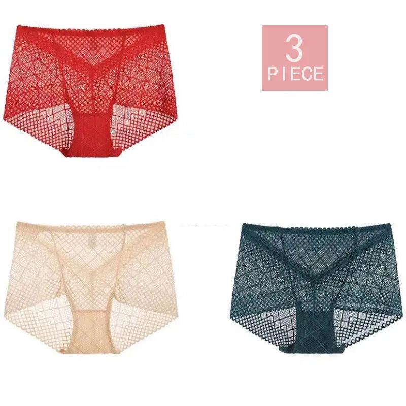 3-pack of Large Size Lace Sexy Panties Women's Ice Silk Transparent Seamless Underwear Antibacterial Cotton Crotch Briefs Hollow Out Panties