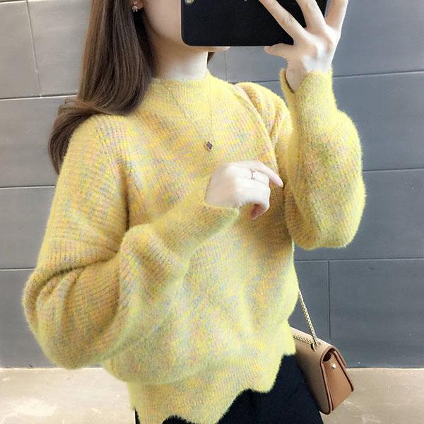 Autumn Winter Korean Knitwear Women Knit Pullover Sweater Tops High-neck Thick Mohair Colorful Rainbow Sweater Outwear