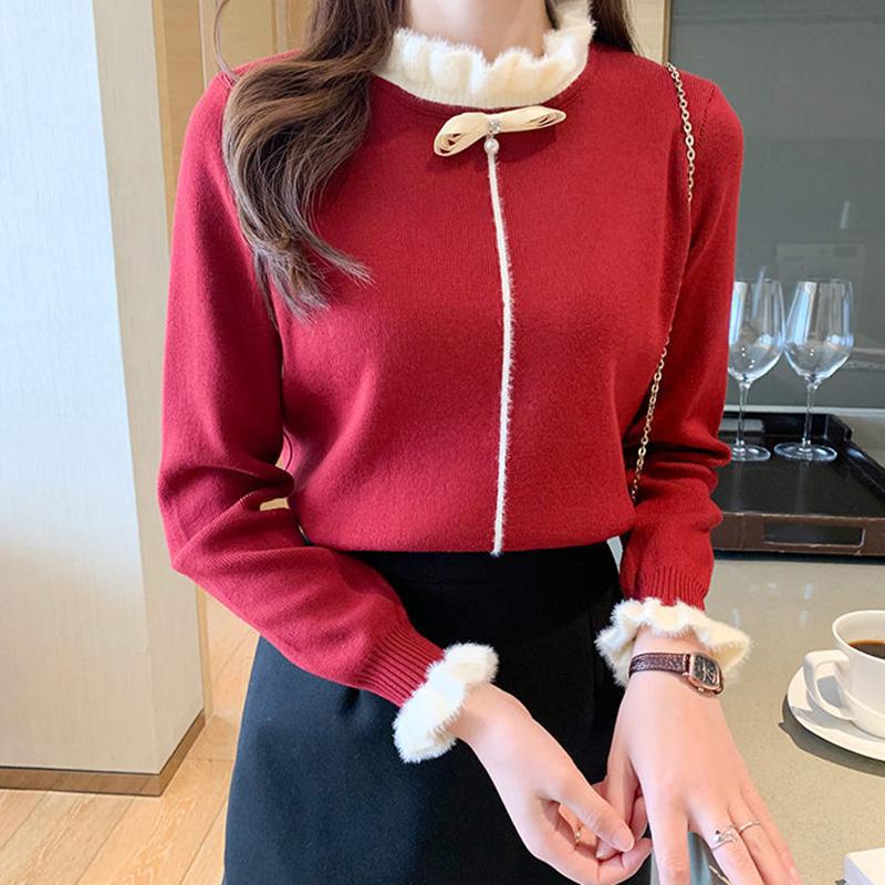 Half Turtleneck Sweater Women Thickened Bottoming Shirt Autumn  Winter Long-sleeved Fashion Bow-knot  Knitted Top