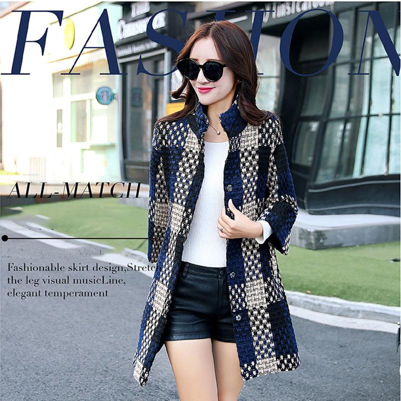 Women's Woolen Coat Winter Autumn  Winter Mid-length Slim-fit Large Size Plaid Coat Stand Up Collar Tweed Jacket