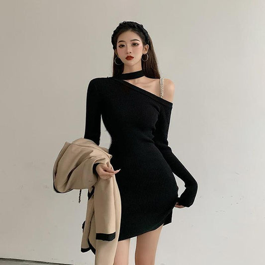 Knitted Dress Women's Bottoming Dress Bag Hip Skirt with Temperament Slim Sexy Strapless Long-sleeved Bottoming Skirt