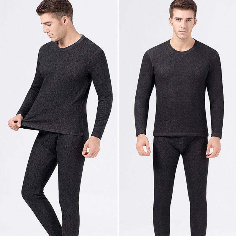 Thermal Underwear Men's Round Neck Plus Velvet Thickening Warm Soft Dense Velvet Composite One Thermal Underwear Suit In Winter