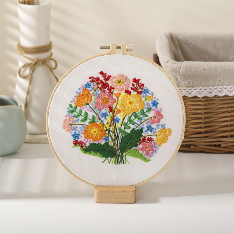 Floral Hand Cross Stitch Embroidery Cloth Starter Kits Needlepoint Color Threads Bamboo Hoop DIY