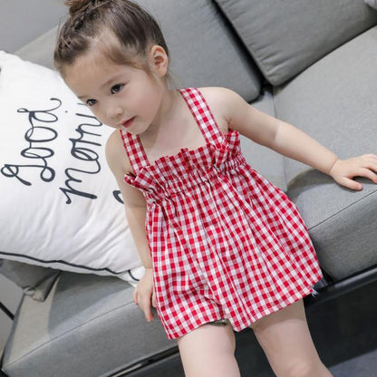 Children Dress Girls Summer Thin Sling Dress Plaid Sleeveless Back Cross Princess Dress Ruffle A-line Dress Suspender Dress