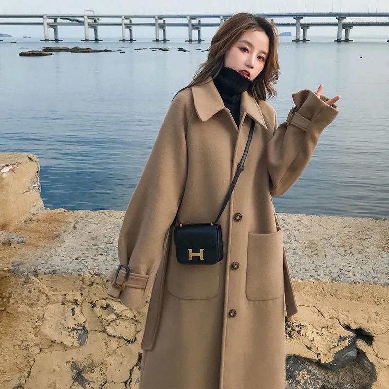 Haze Blue Woolen Coat Women's Mid-length Autumn and Winter Student Loose Hepburn Style Woolen Coat