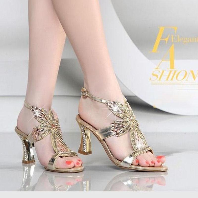 Women's high heel sandals rhinestone summer European and American fashion block  high heel sandals women diamond sexy ladies sandals